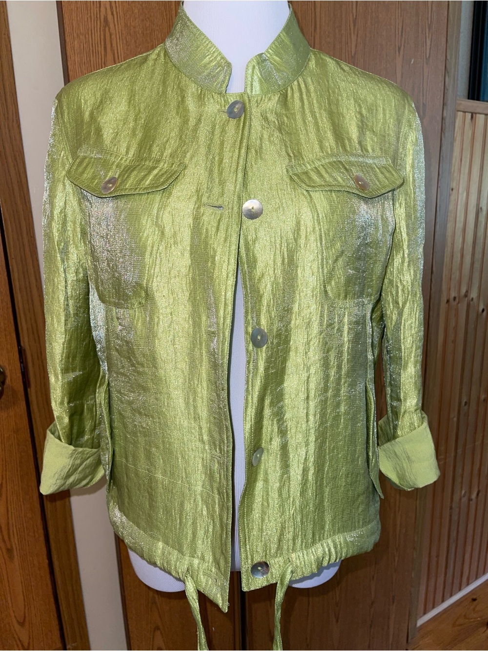 Linear Light Green Metallic Crop Jacket with Stand Collar
